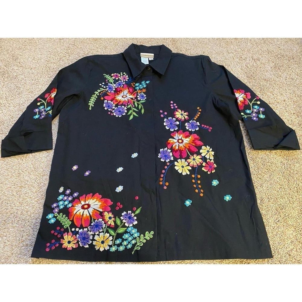 Coldwater Creek Shirt Embroidered Top Women Large Half Sleeve s10